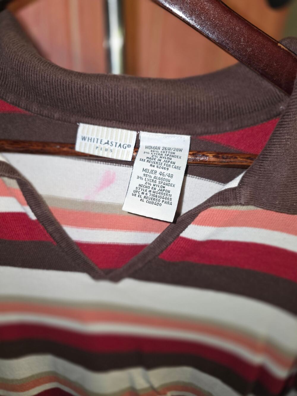 White Stag Plus 26W/28W Striped Knit Polo Top Short Sleeve Brown Burgundy Beige